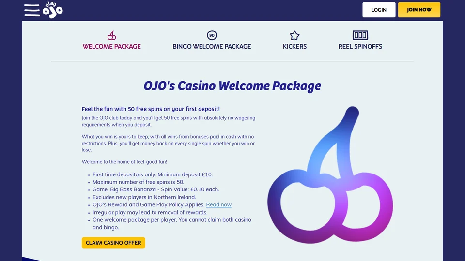 Example PlayOJO welcome offer displayed alongside its bonus conditions