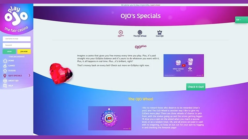 PlayOJO website showing its rewards and promotions interface