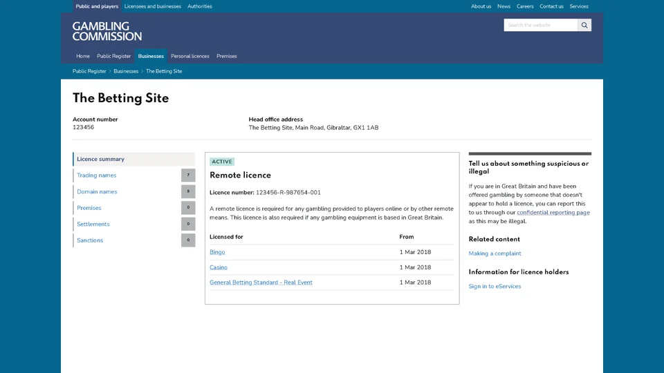 Gambling Commission example operator record with licence and trading-name details