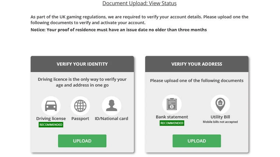 Casino account verification screen with identity and address document upload options