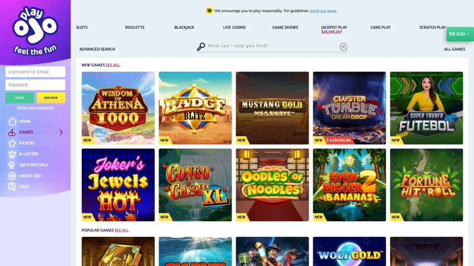 PlayOJO casino website with account navigation and game categories